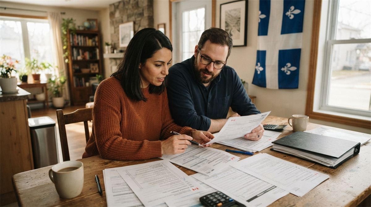 A couple reviews a family sponsorship checklist and Quebec forms at a kitchen table (illustration)