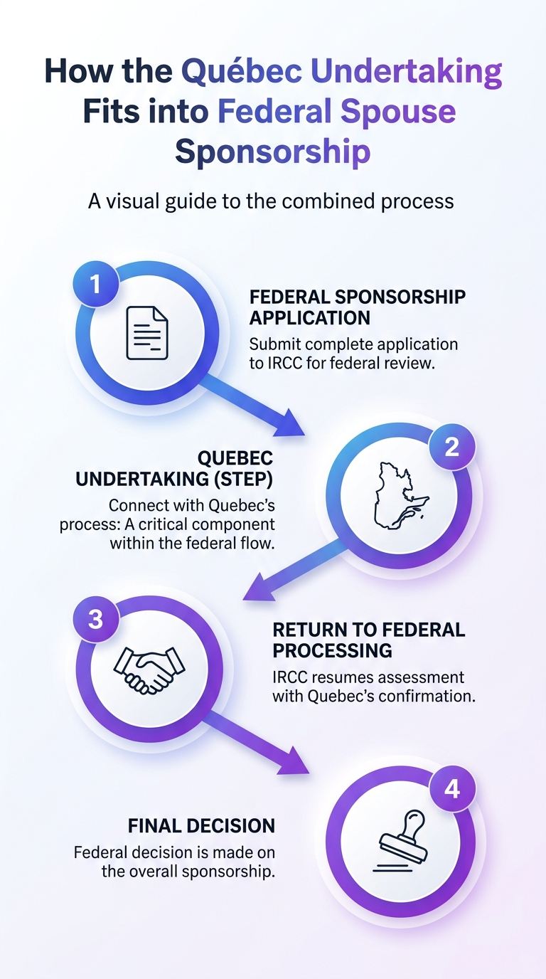 Diagram of the federal and Quebec stages of spousal sponsorship (illustration)