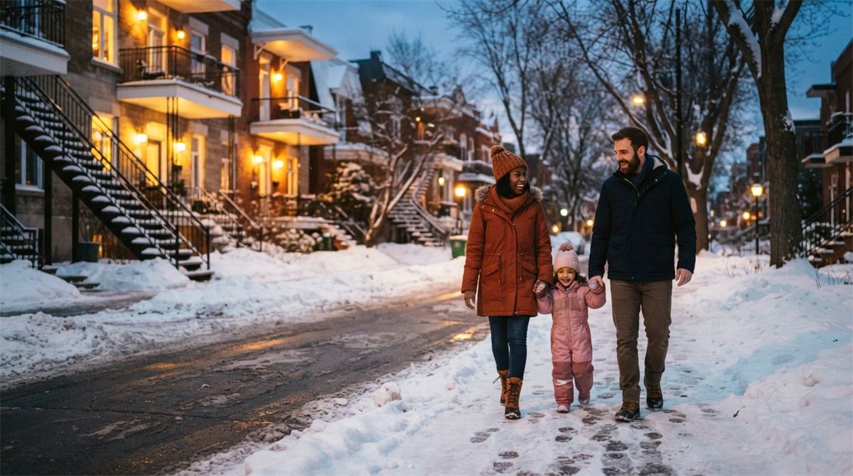 A reunited couple walks with their child along a snowy Quebec street (illustration)