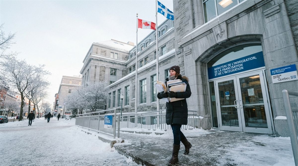 A visitor carrying document folders approaches a government service building in winter (illustration)