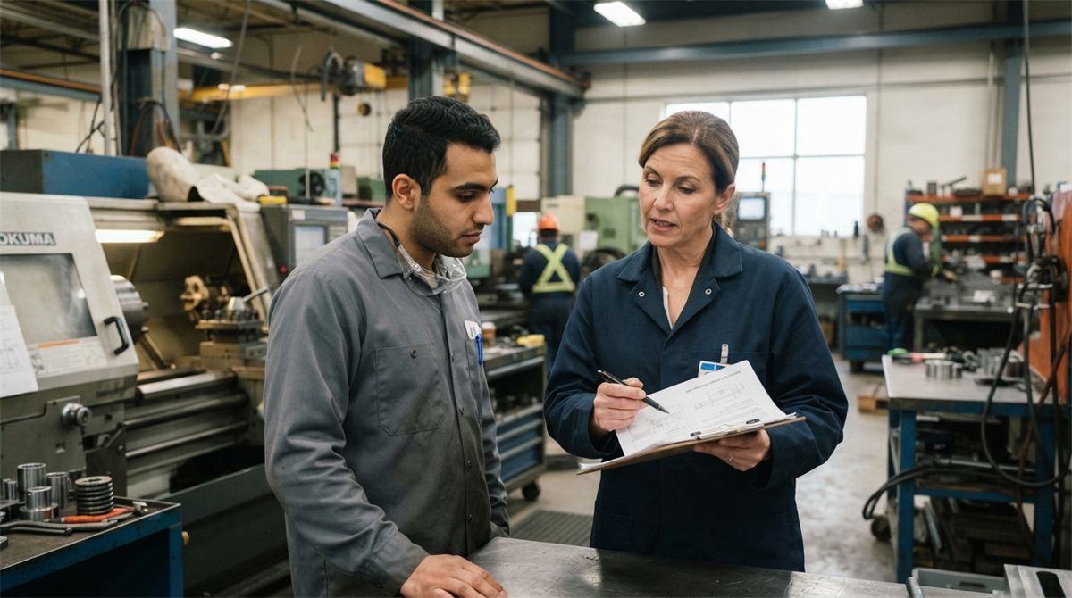 Une employeuse et un candidat étranger examinent une fiche de poste dans un atelier (illustration)