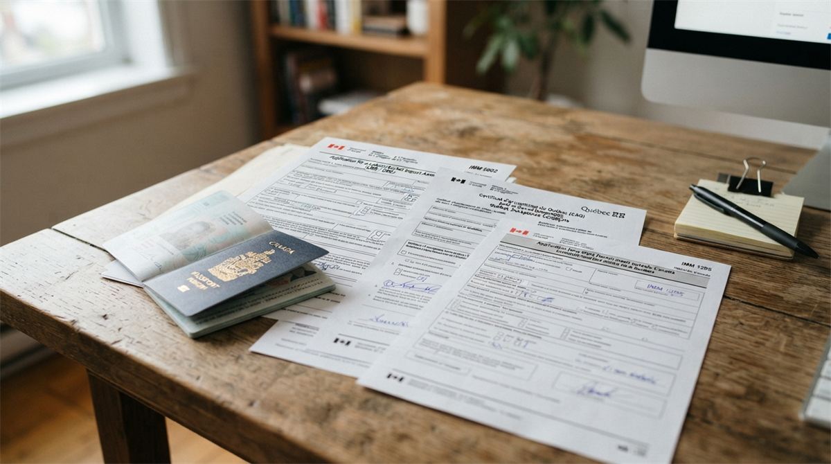 Un passeport, un formulaire d’EIMT, un CAQ et une demande de permis sur une table (illustration)
