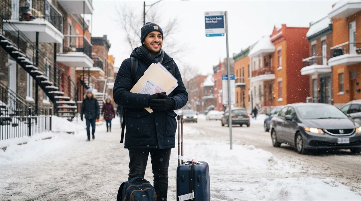 Un travailleur étranger arrive dans une rue enneigée de Montréal, son dossier à la main (illustration)