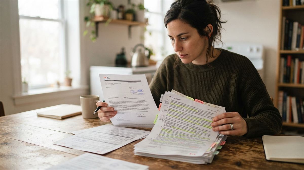 Une personne compare une lettre de refus, les notes de l’agent et ses documents (illustration)