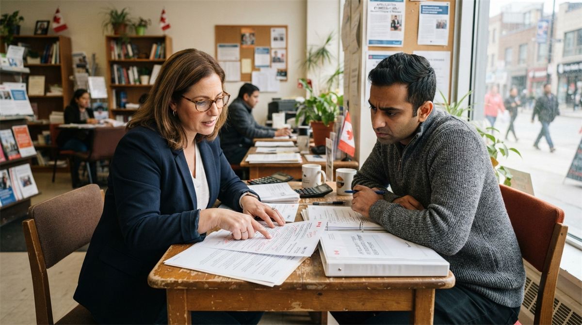 Une conseillère et une demandeuse examinent des notes de refus (illustration)