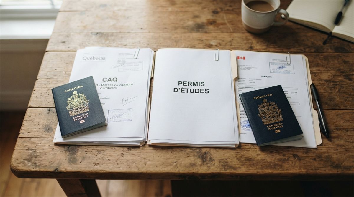 Un passeport et deux dossiers d’immigration disposés en séquence sur une table (illustration)