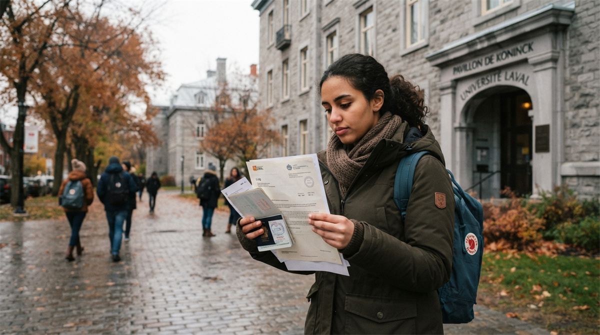 Une étudiante tient son passeport et des documents près d’un bâtiment universitaire (illustration)