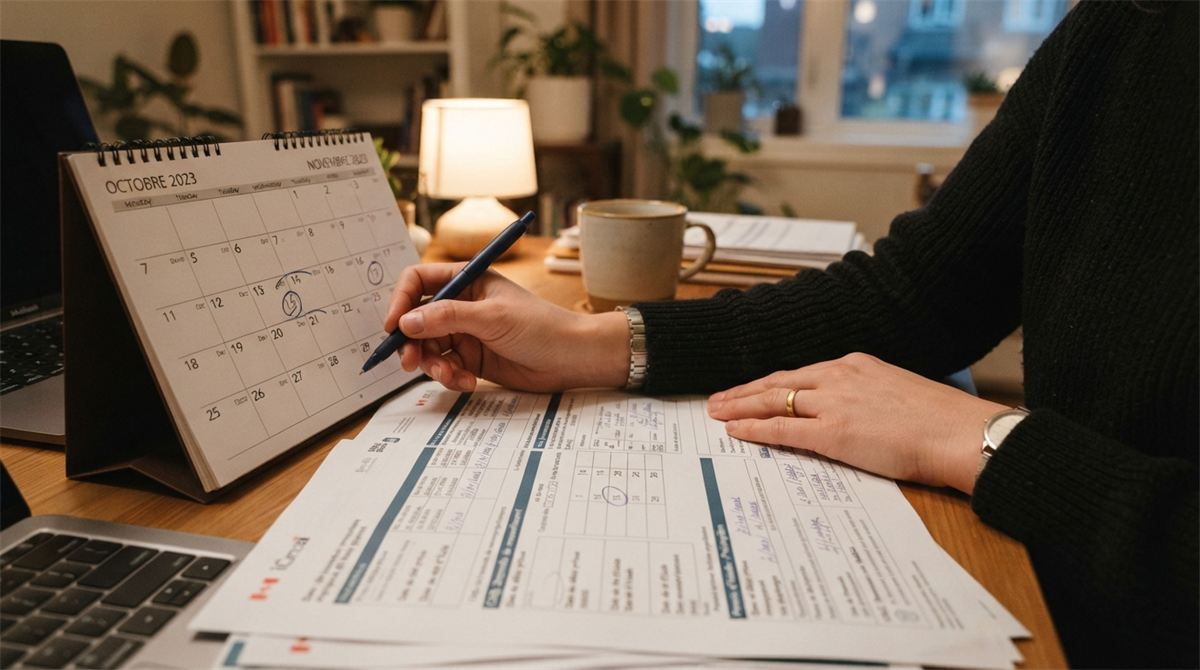 Une main compare les dates d’un calendrier et de formulaires d’immigration (illustration)