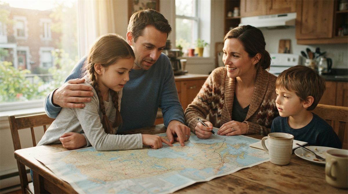 Une famille étudie une carte du Canada sur la table de la cuisine (illustration)