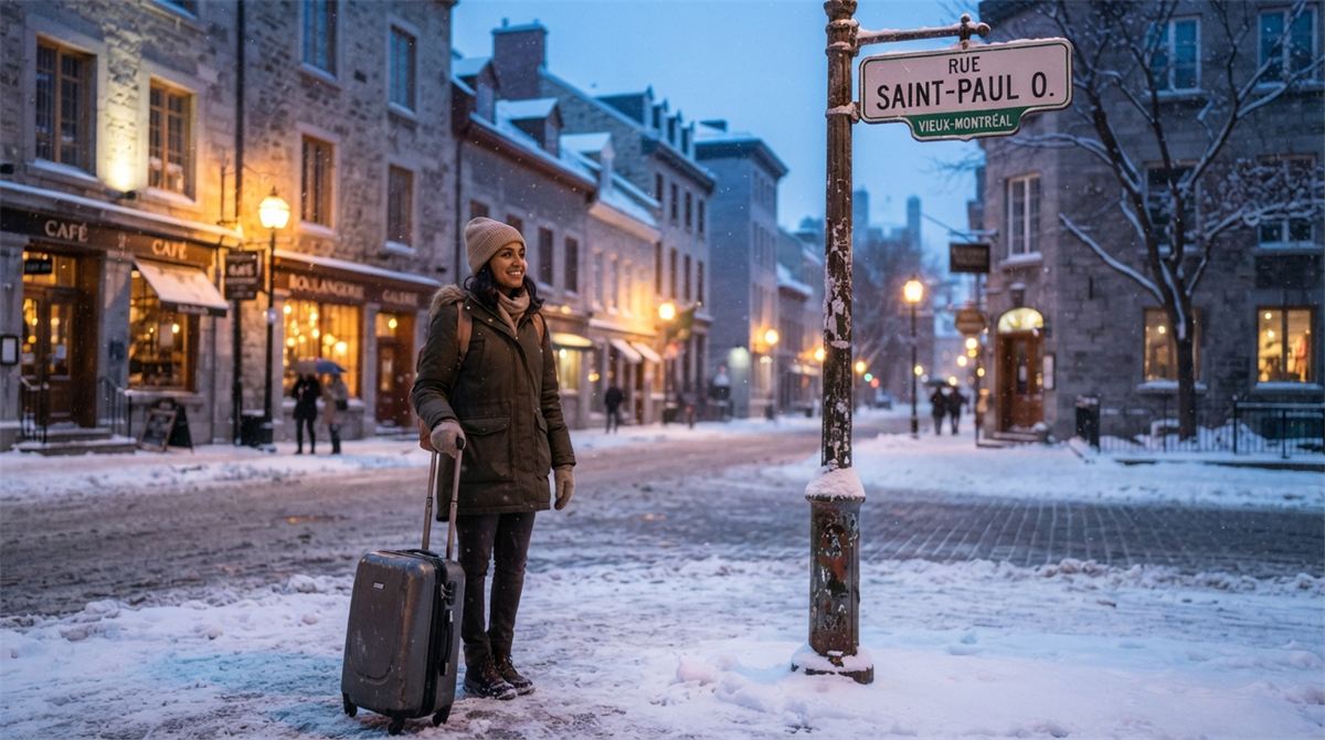 Une personne nouvellement arrivée, valise à la main, dans une rue enneigée de Montréal (illustration)