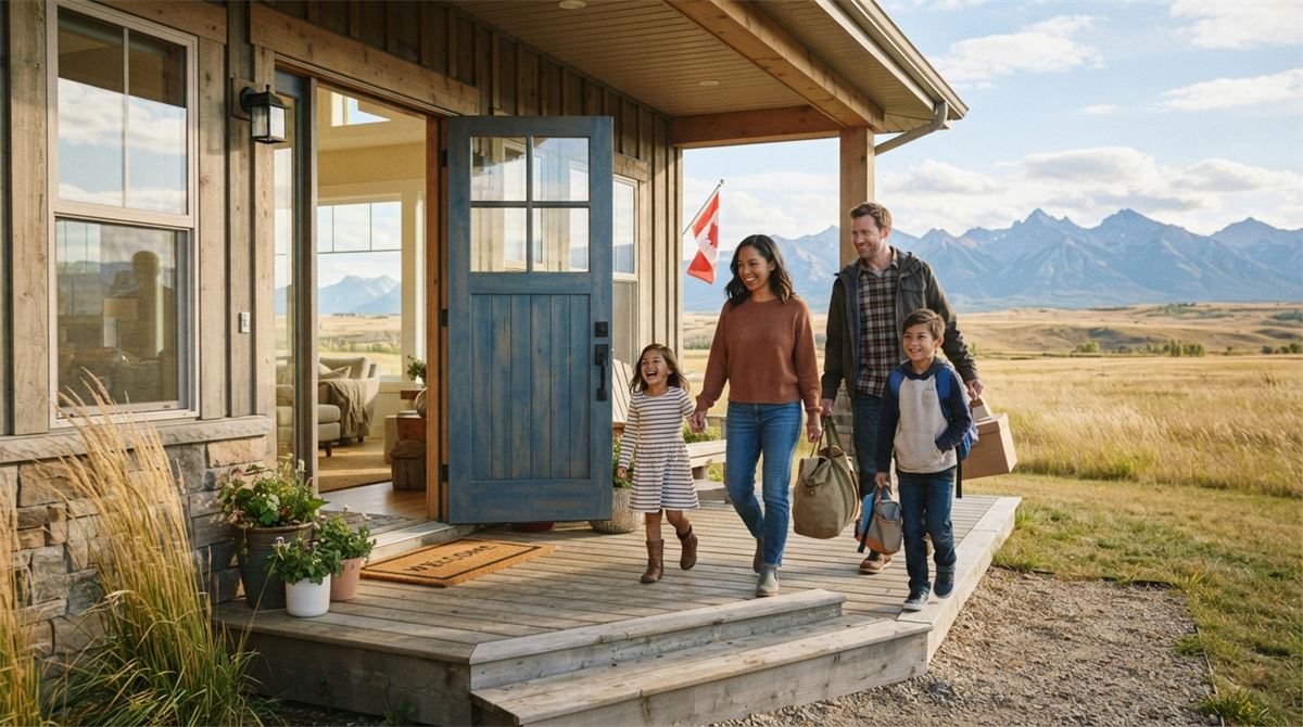 Une famille arrive devant une maison dans les Prairies (illustration)
