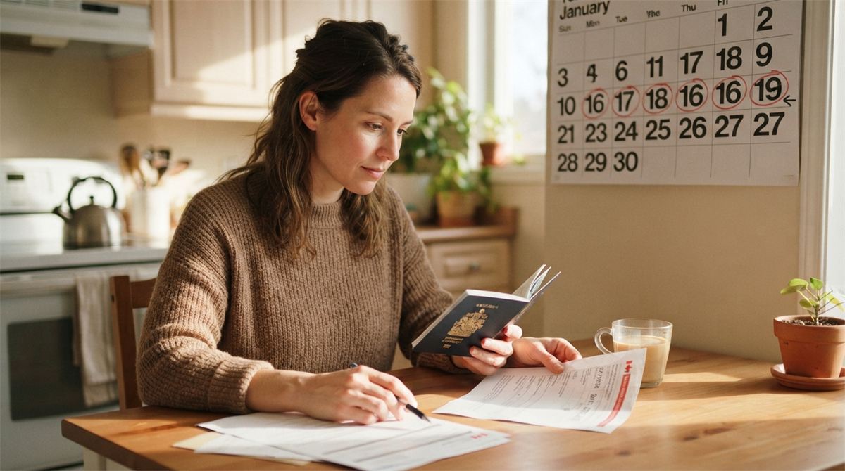 Une personne compare son passeport, un permis expiré et des dates entourées sur un calendrier (illustration)