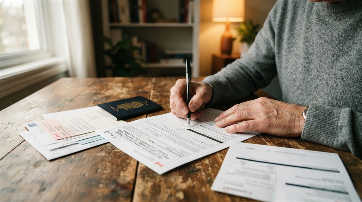 Des mains remplissent un formulaire de rétablissement de statut près d’un passeport (illustration)