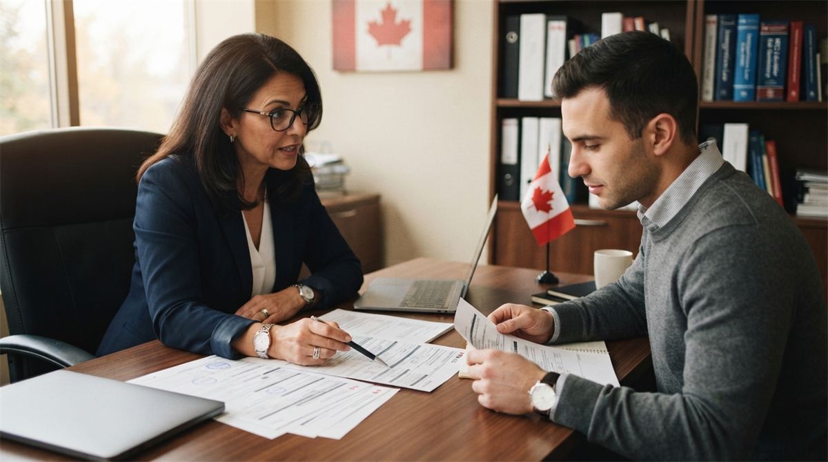 Une conseillère explique des documents d’immigration à un visiteur (illustration)