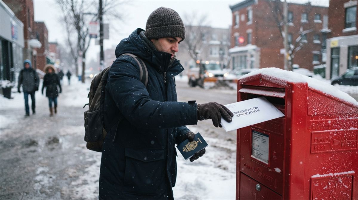 Une personne dépose une enveloppe dans une boîte aux lettres un matin d’hiver (illustration)
