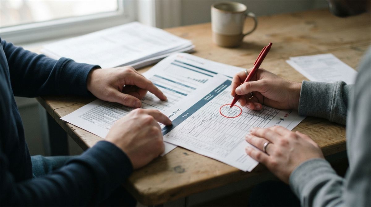 Des mains comparent des feuilles de résultats de rondes en entourant les catégories (illustration)