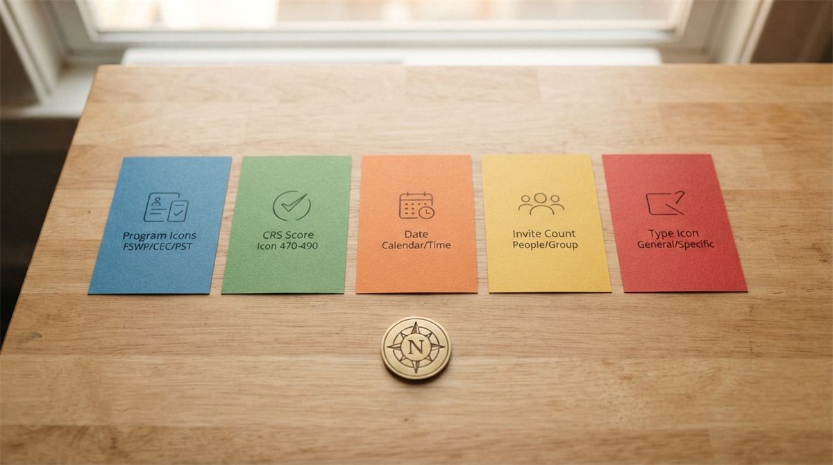 Des cartes colorées représentant différents types de rondes et un jeton portant une note (illustration)