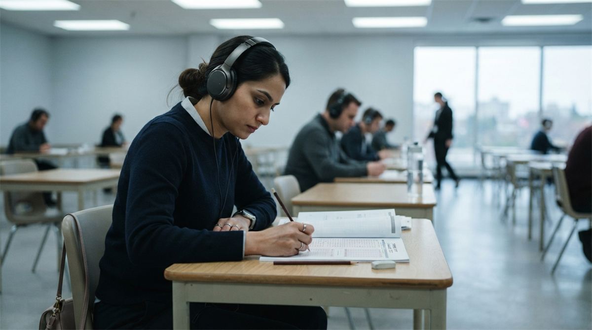Une candidate passe un test de langue, casque sur les oreilles et crayon en main (illustration)