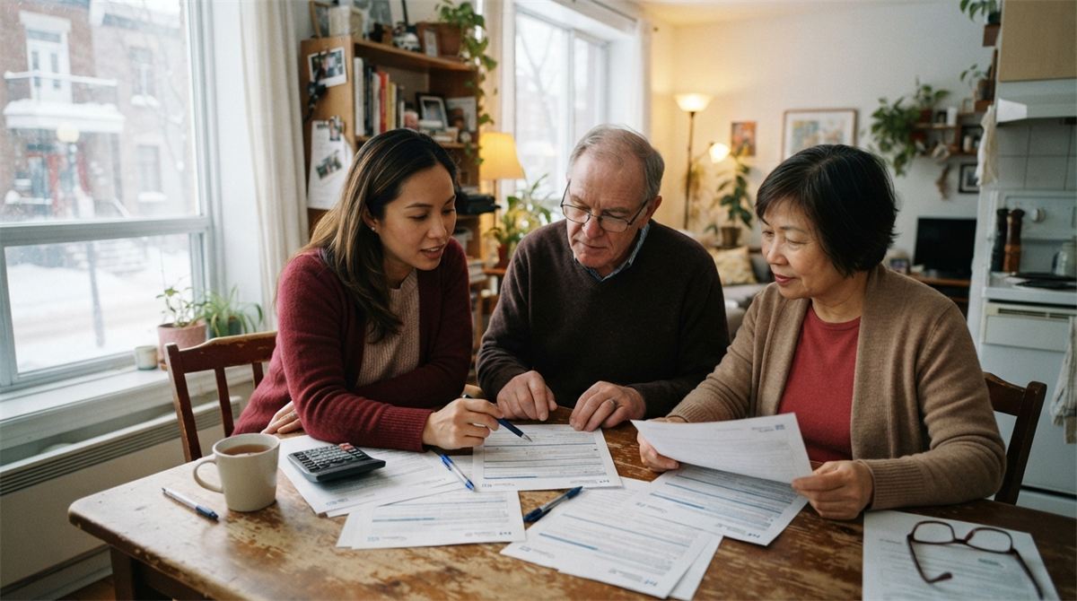 An adult daughter and her elderly parents review forms at a kitchen table (illustration)