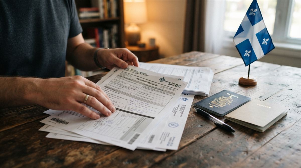 Hands sorting French-language sponsorship forms and passports on a desk (illustration)