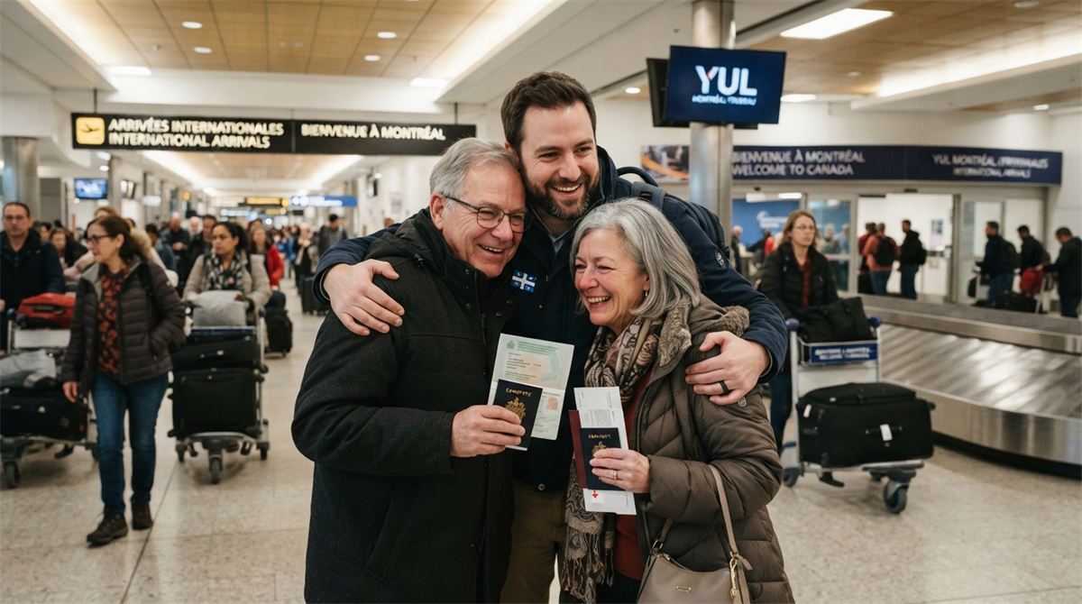 An adult son embraces his elderly parents in an airport arrivals area (illustration)