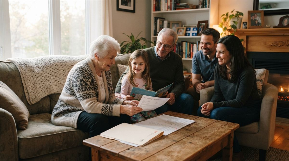 Three generations sit together in a living room, a folder of papers on the table (illustration)