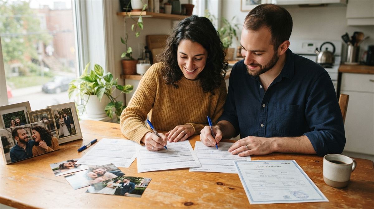 A married couple signs French-language sponsorship forms at a kitchen table (illustration)