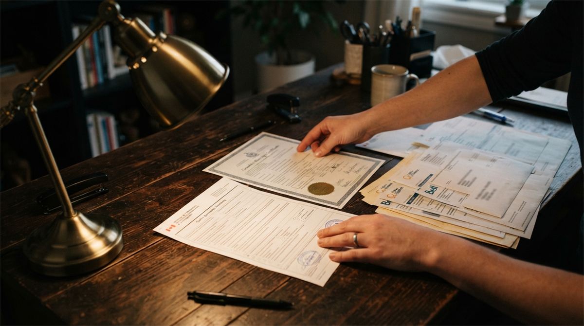 Hands arranging an undertaking form, a marriage certificate and shared-address bills (illustration)