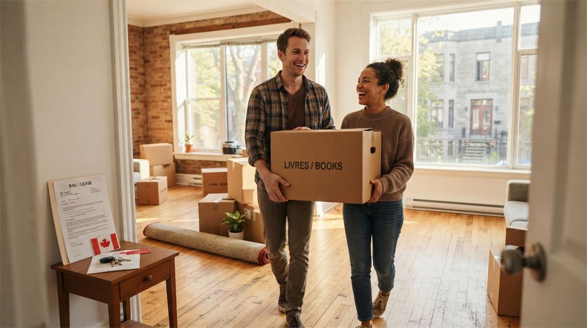 A couple carries moving boxes into a bright Montreal apartment (illustration)