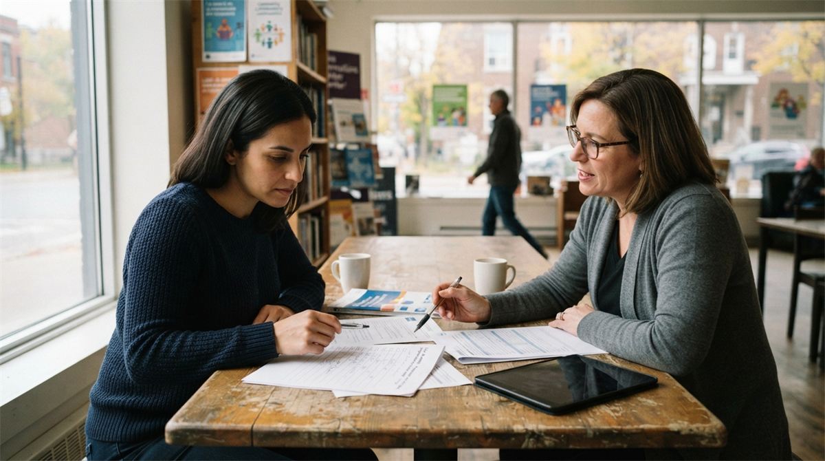 A prospective sponsor discusses a family sponsorship checklist with an adviser (illustration)
