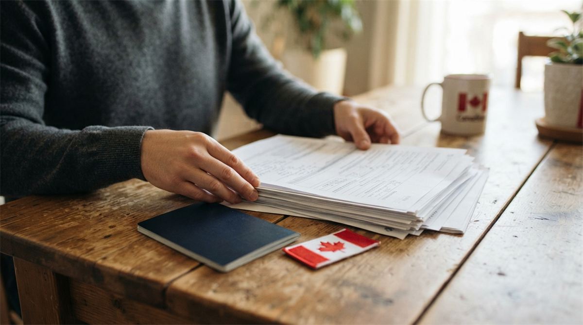 Des mains posées sur une pile de formulaires, à côté d’un passeport fermé (illustration)