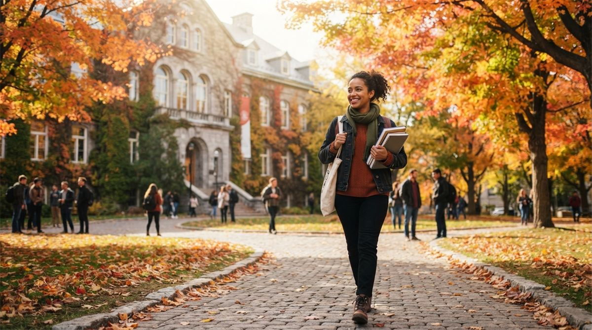 A student walks across an autumn campus with books under her arm (illustration)