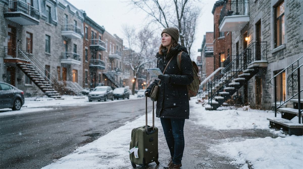 A traveller with a suitcase on a snowy Montreal street (illustration)