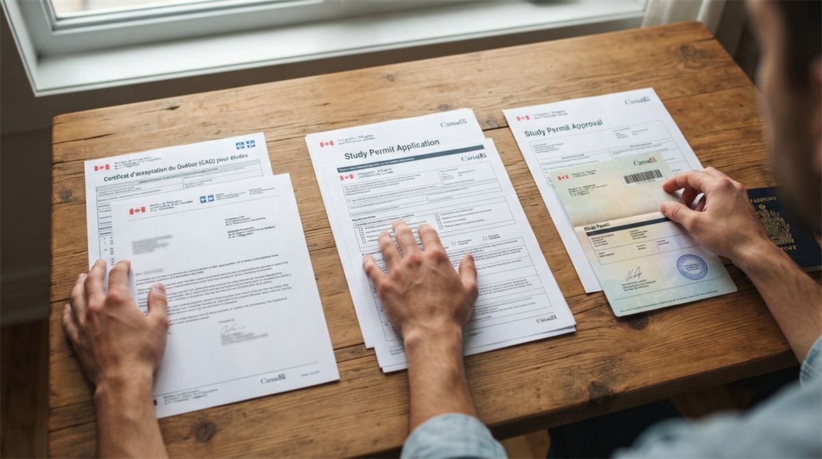 Hands arranging a Quebec admission letter, a CAQ form and study permit papers (illustration)