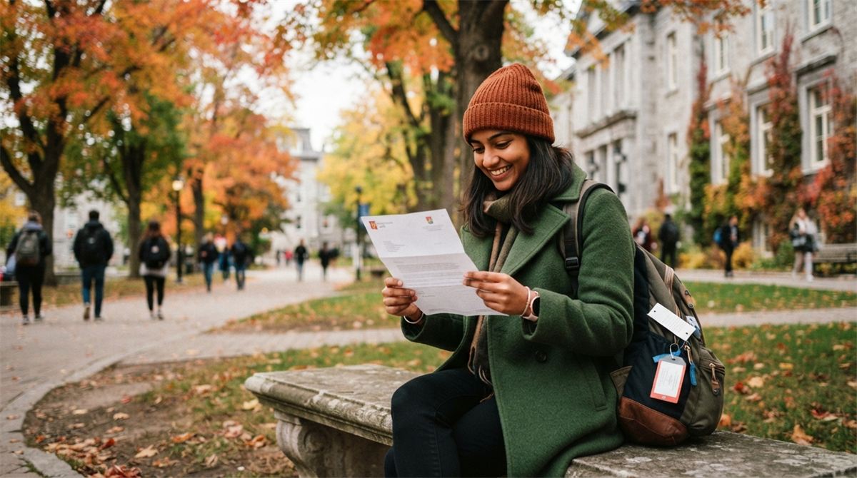 An international student reads an admission letter on a Quebec campus in autumn (illustration)