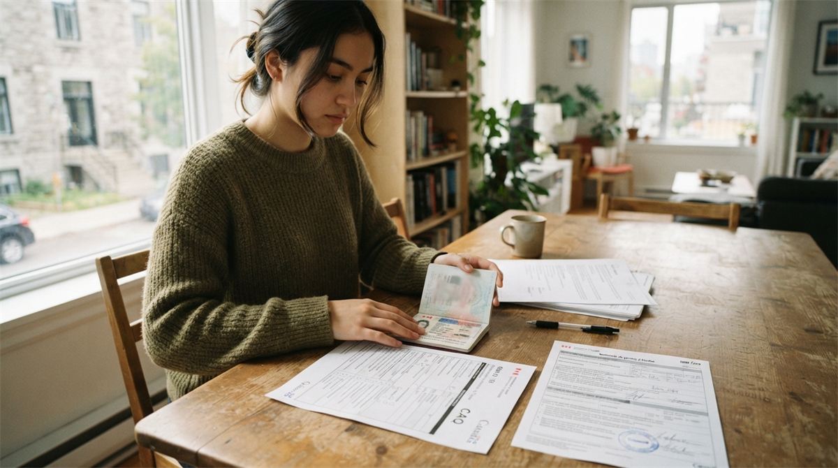 A student places a passport beside completed immigration forms (illustration)