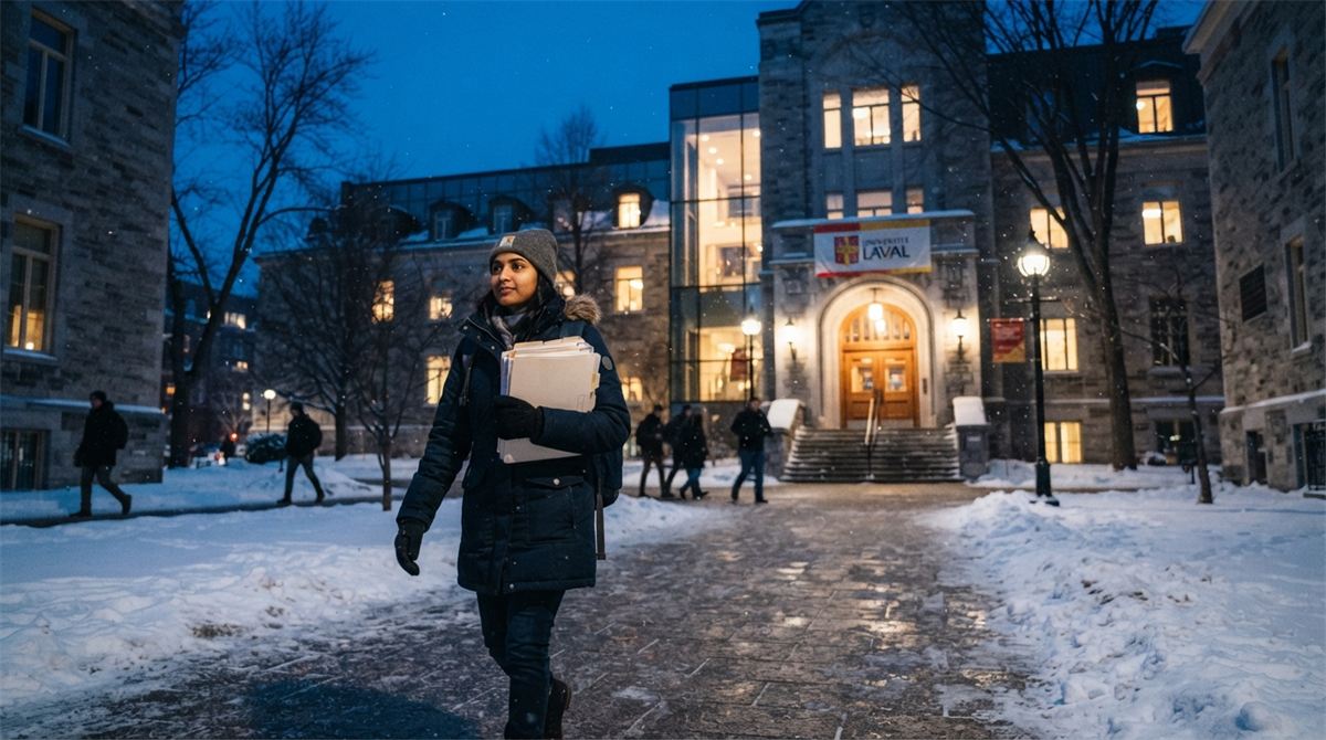 An international student walks toward a Quebec university entrance in winter (illustration)