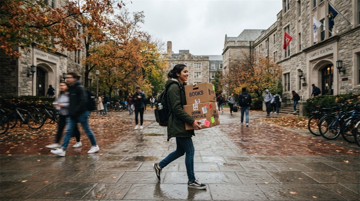 Une étudiante traverse une cour de campus avec des boîtes de déménagement, un jour d’automne (illustration)