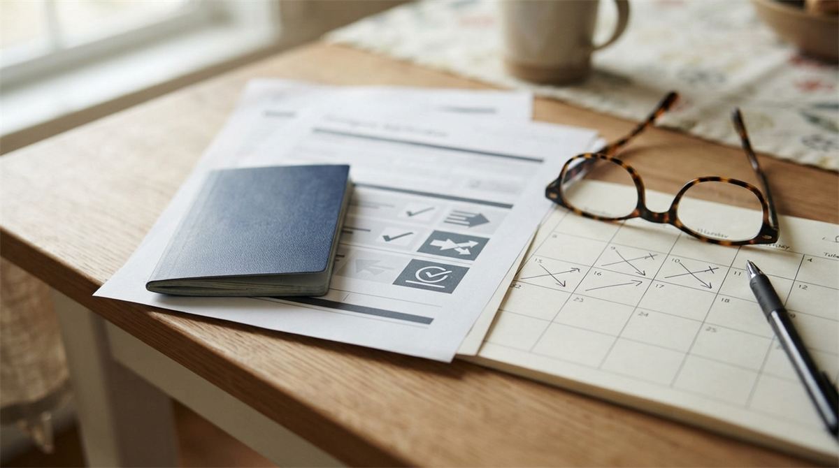 Un passeport, des documents de visa et un calendrier de visite familiale (illustration)