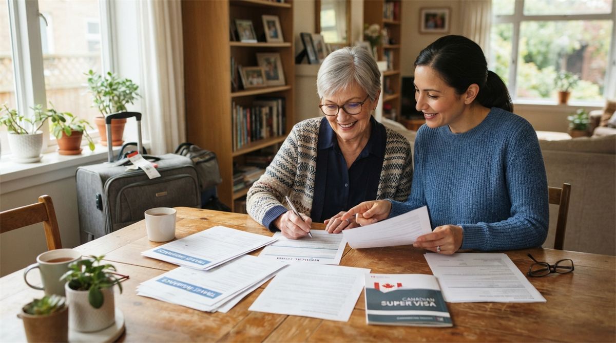Un adulte aide un parent âgé à relire des documents d’assurance voyage (illustration)