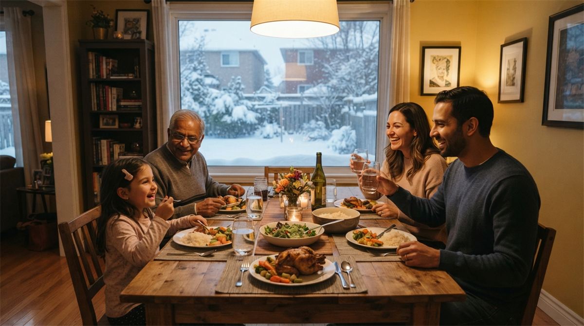 A family sharing a winter dinner at a relative's home in Canada (illustration)