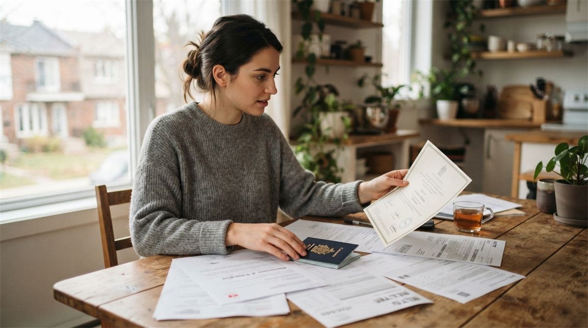 Une candidate trie son diplôme, ses attestations d’emploi et ses résultats de langue sur une table (illustration)