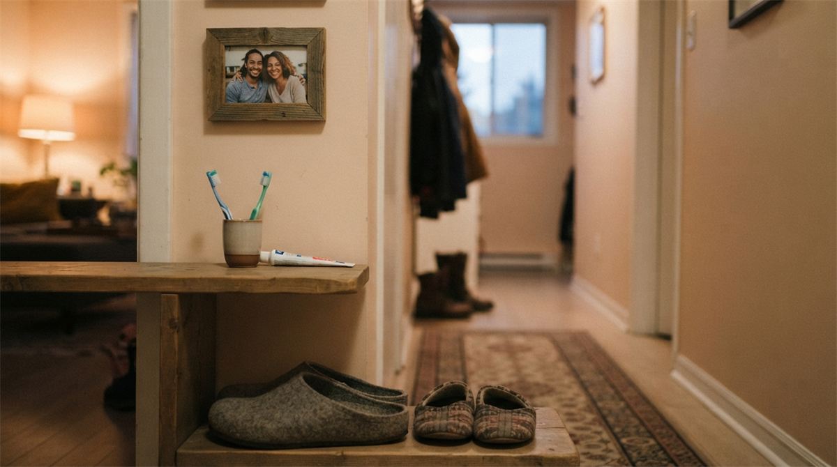 Deux brosses à dents, des pantoufles et des photos de couple dans le couloir d’un appartement (illustration)