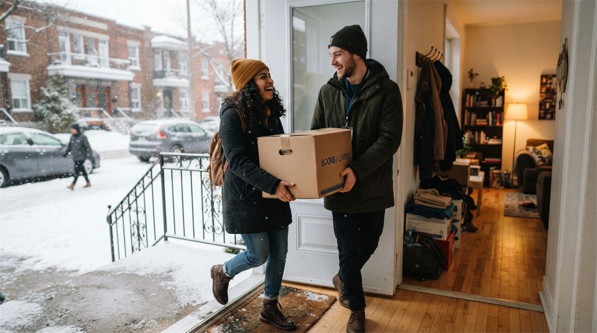Couple qui porte des boîtes de déménagement dans un petit appartement en hiver (illustration)
