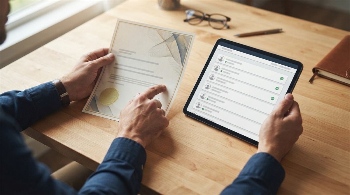 Des mains comparent une attestation de consultant avec un registre professionnel sur une tablette (illustration)