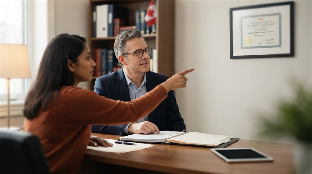 Une personne pose des questions à un consultant devant une autorisation professionnelle encadrée (illustration)