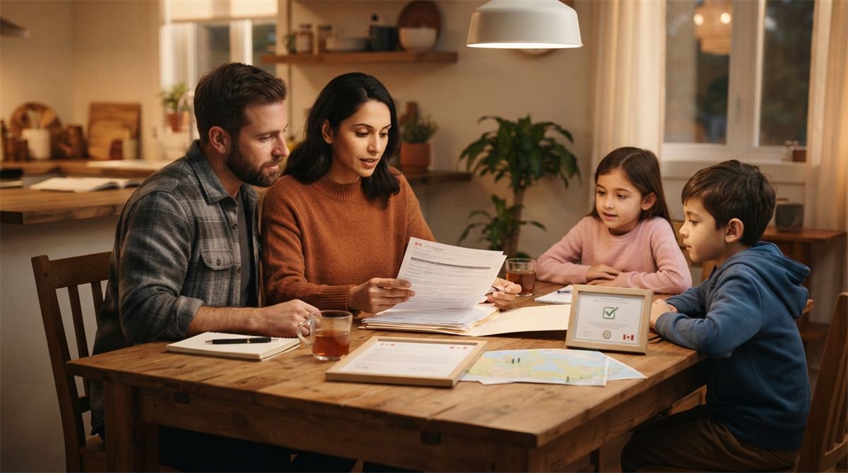 Une famille relit un dossier d’immigration à la table de la cuisine (illustration)