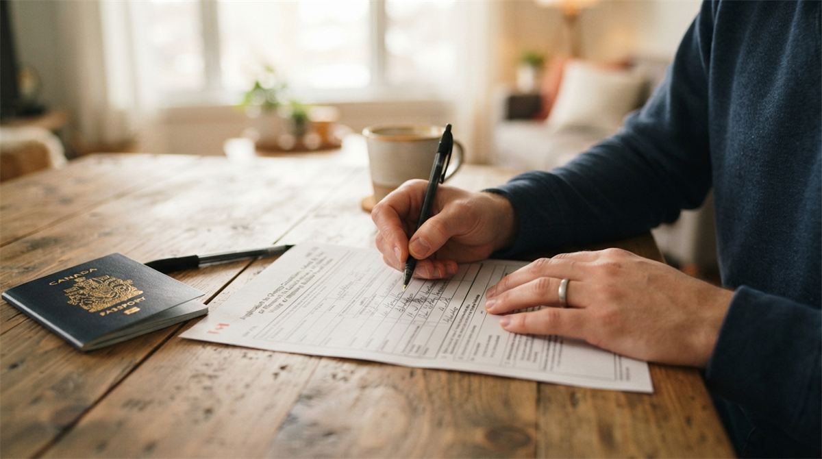 Hands completing an extension form beside a passport on a dining table (illustration)
