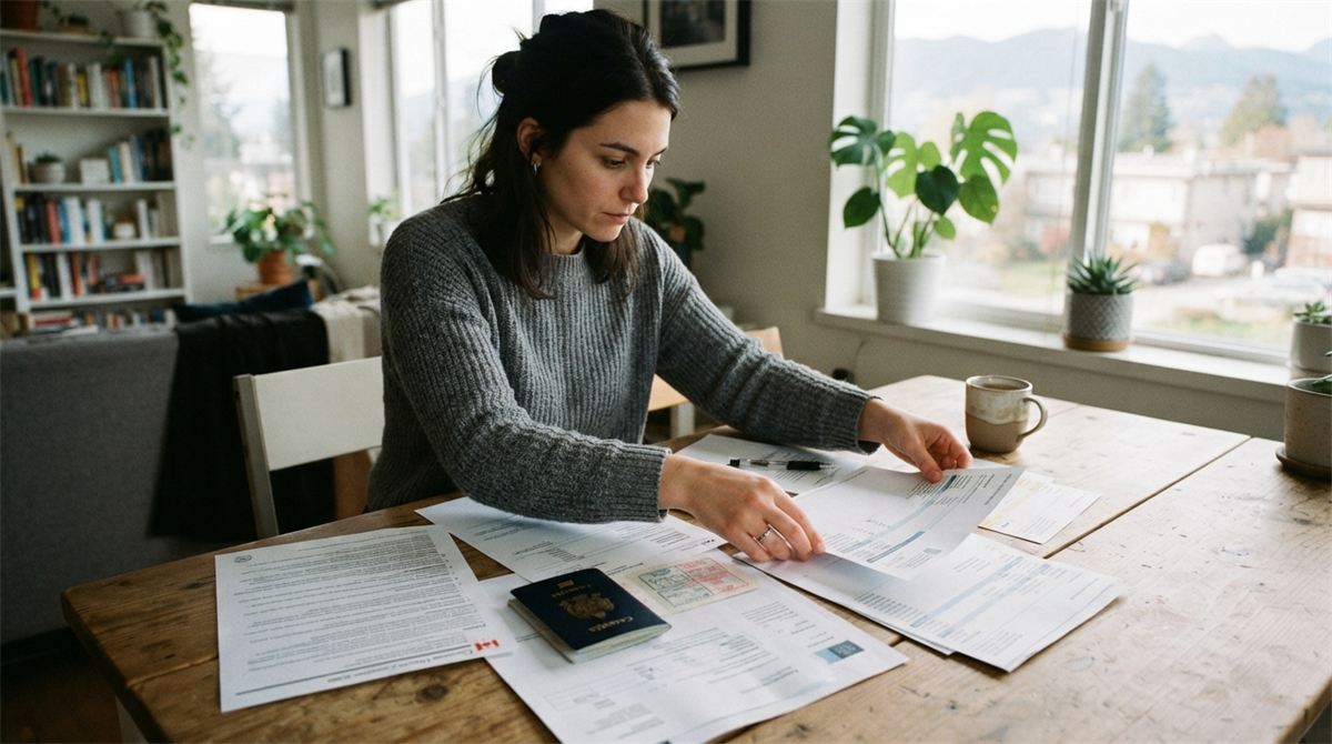 A visitor sorts a passport, receipts and bank statements on a kitchen table (illustration)