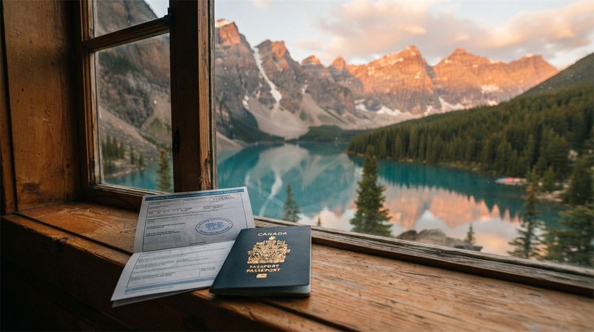A passport and document rest on a windowsill overlooking a mountain lake (illustration)